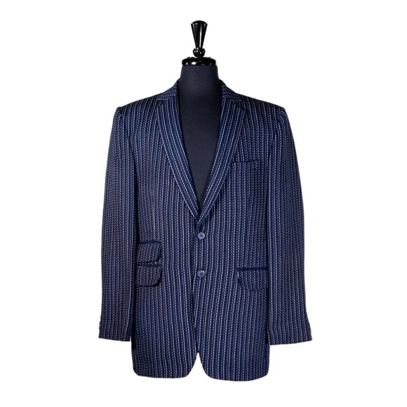 Mens Blazer Blue White Striped Wool Formal Suit Jacket Wedding